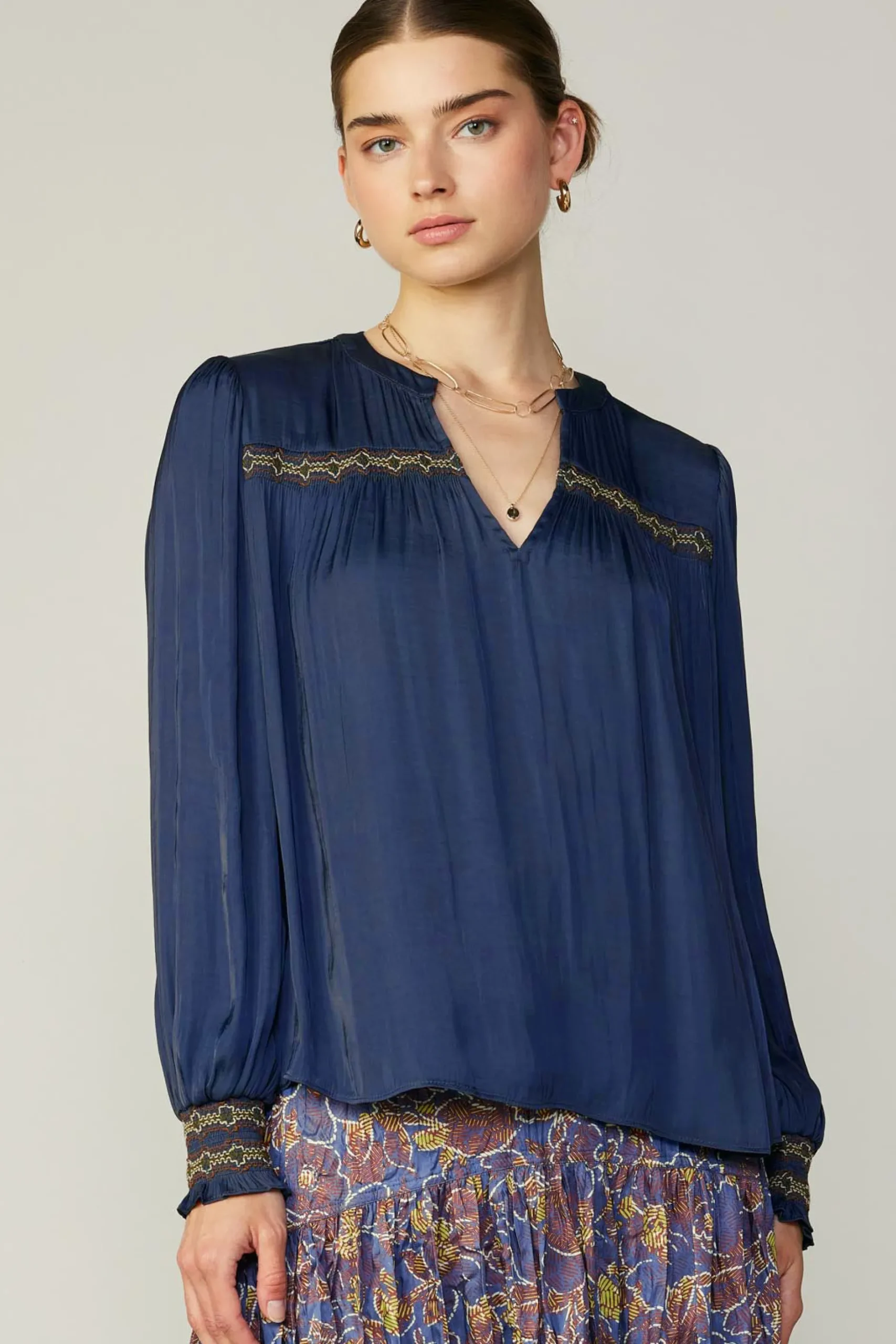 Long Sleeve Tops-Current Air Santa Fe Embroidered Blouse NAVY