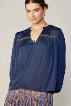 Long Sleeve Tops-Current Air Santa Fe Embroidered Blouse NAVY