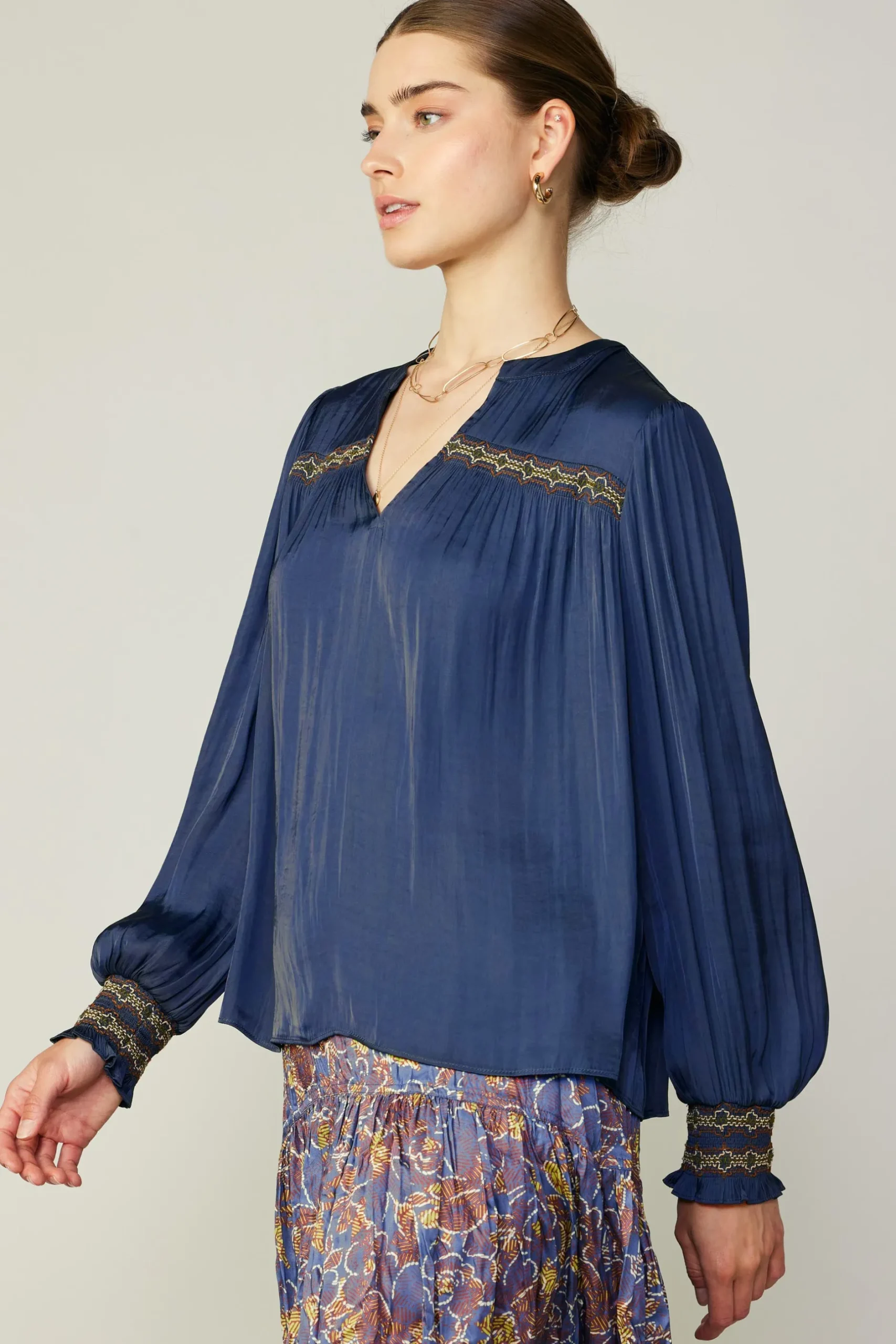 Long Sleeve Tops-Current Air Santa Fe Embroidered Blouse NAVY