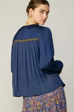 Long Sleeve Tops-Current Air Santa Fe Embroidered Blouse NAVY
