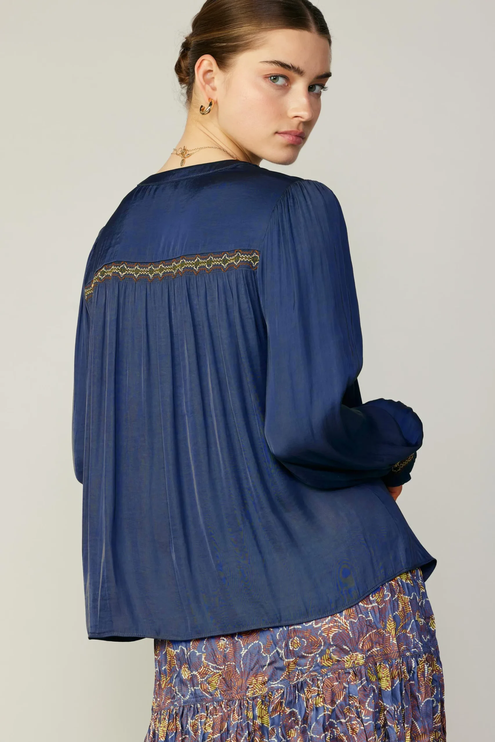 Long Sleeve Tops-Current Air Santa Fe Embroidered Blouse NAVY