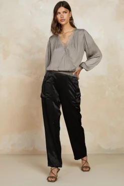 Pants-Current Air Satin Straight Leg Pants BLACK