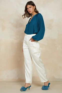 Pants-Current Air Satin Straight Leg Pants IVORY