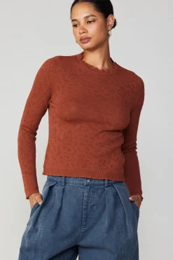 Long Sleeve Tops|Sweaters-Current Air Scalloped Knit Top RUST