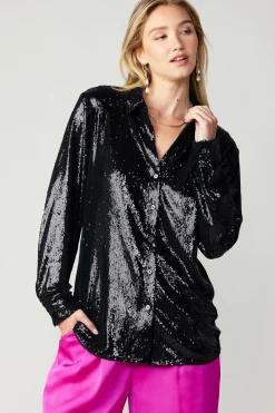 Long Sleeve Tops-Current Air Sequin Buttonup Shirt BLACK