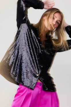 Long Sleeve Tops-Current Air Sequin Buttonup Shirt BLACK