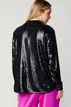 Long Sleeve Tops-Current Air Sequin Buttonup Shirt BLACK