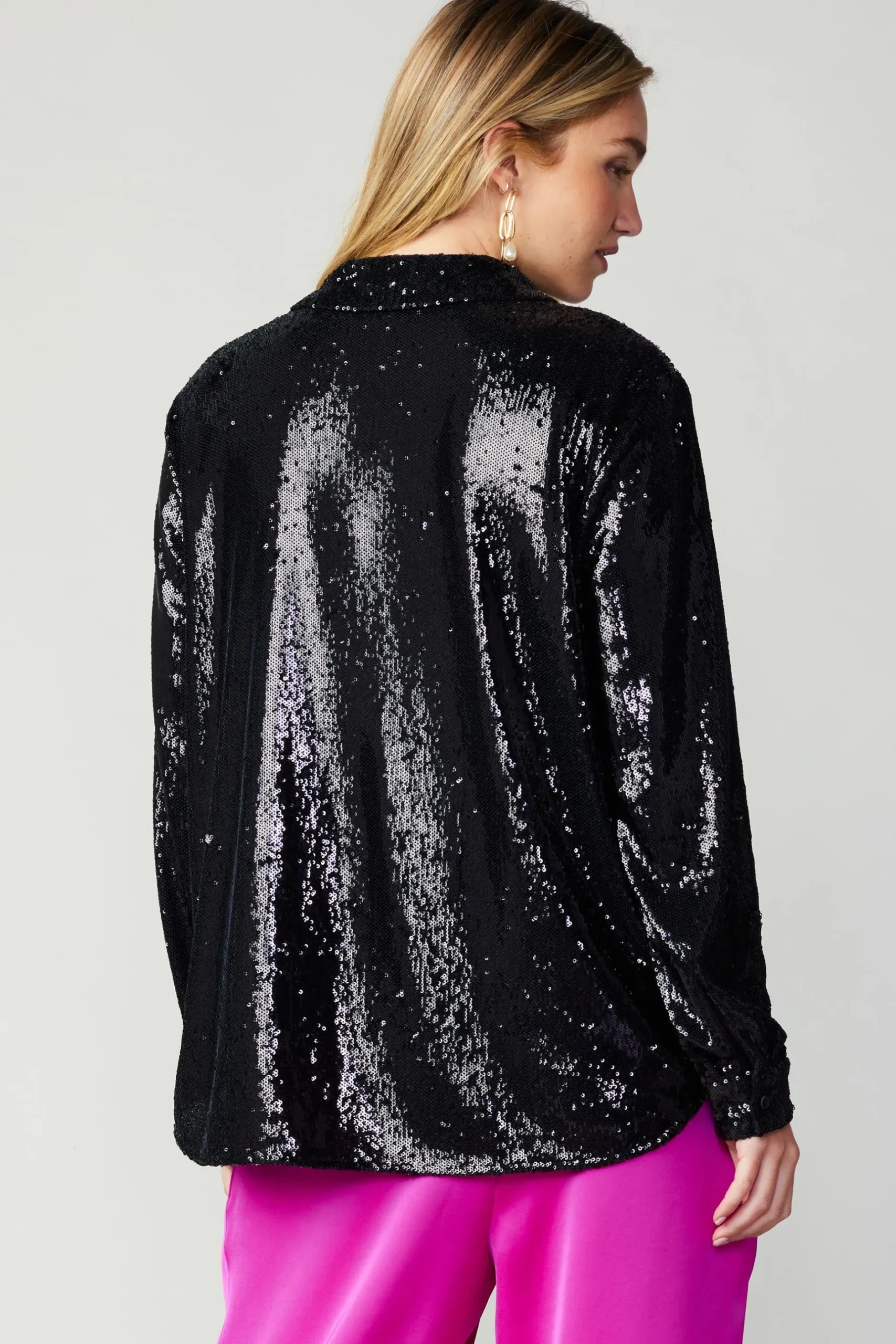 Long Sleeve Tops-Current Air Sequin Buttonup Shirt BLACK