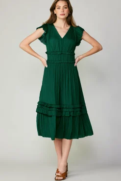 Midi Dresses-Current Air Sereia Pleated Midi Dress FORESTGREEN