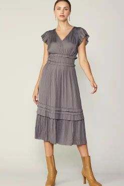Midi Dresses-Current Air Sereia Pleated Midi Dress STEELGREY