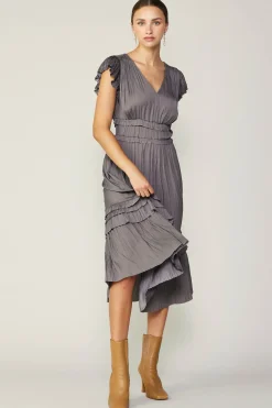 Midi Dresses-Current Air Sereia Pleated Midi Dress STEELGREY