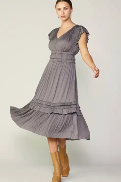Midi Dresses-Current Air Sereia Pleated Midi Dress STEELGREY