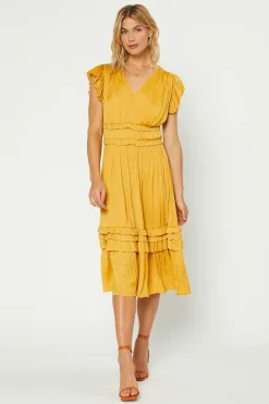 Midi Dresses-Current Air Sereia Pleated Midi Dress MARIGOLD