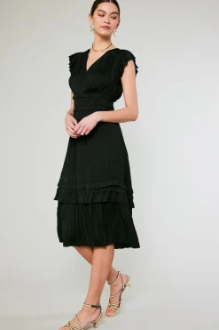 Midi Dresses-Current Air Sereia Pleated Midi Dress BLACK