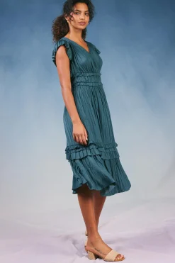 Midi Dresses-Current Air Sereia Pleated Midi Dress SLATEGREEN