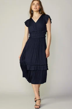 Midi Dresses-Current Air Sereia Pleated Midi Dress DARKNAVY