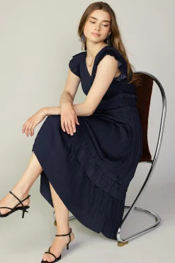 Midi Dresses-Current Air Sereia Pleated Midi Dress DARKNAVY