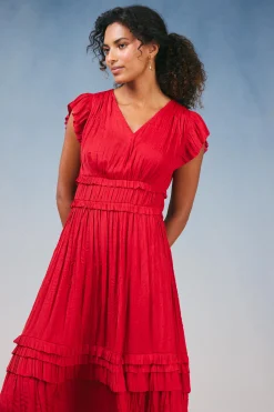 Midi Dresses-Current Air Sereia Pleated Midi Dress RED