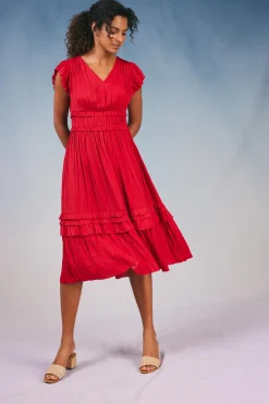 Midi Dresses-Current Air Sereia Pleated Midi Dress RED