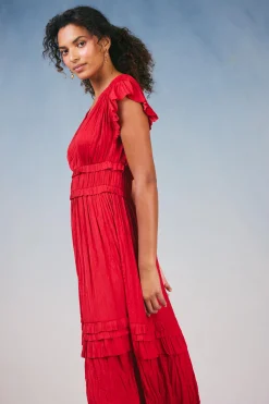 Midi Dresses-Current Air Sereia Pleated Midi Dress RED