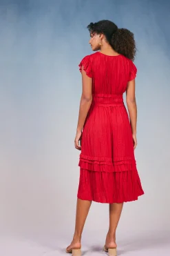 Midi Dresses-Current Air Sereia Pleated Midi Dress RED