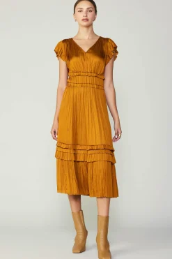 Midi Dresses-Current Air Sereia Pleated Midi Dress GOLDENROD