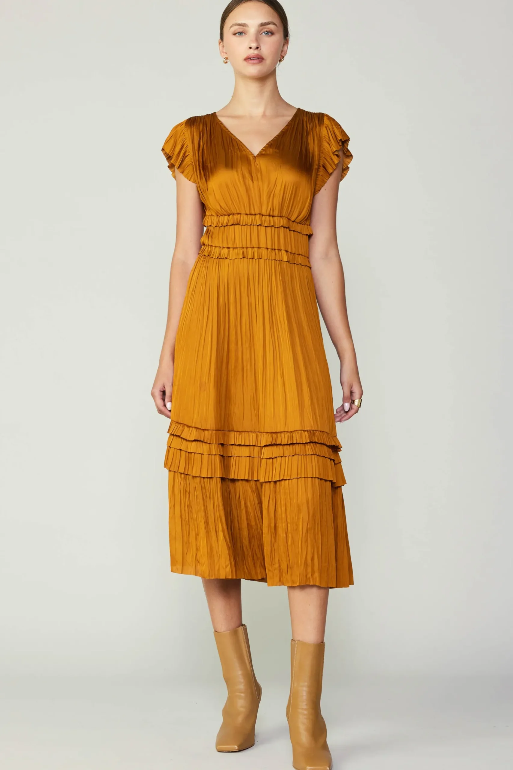 Midi Dresses-Current Air Sereia Pleated Midi Dress GOLDENROD