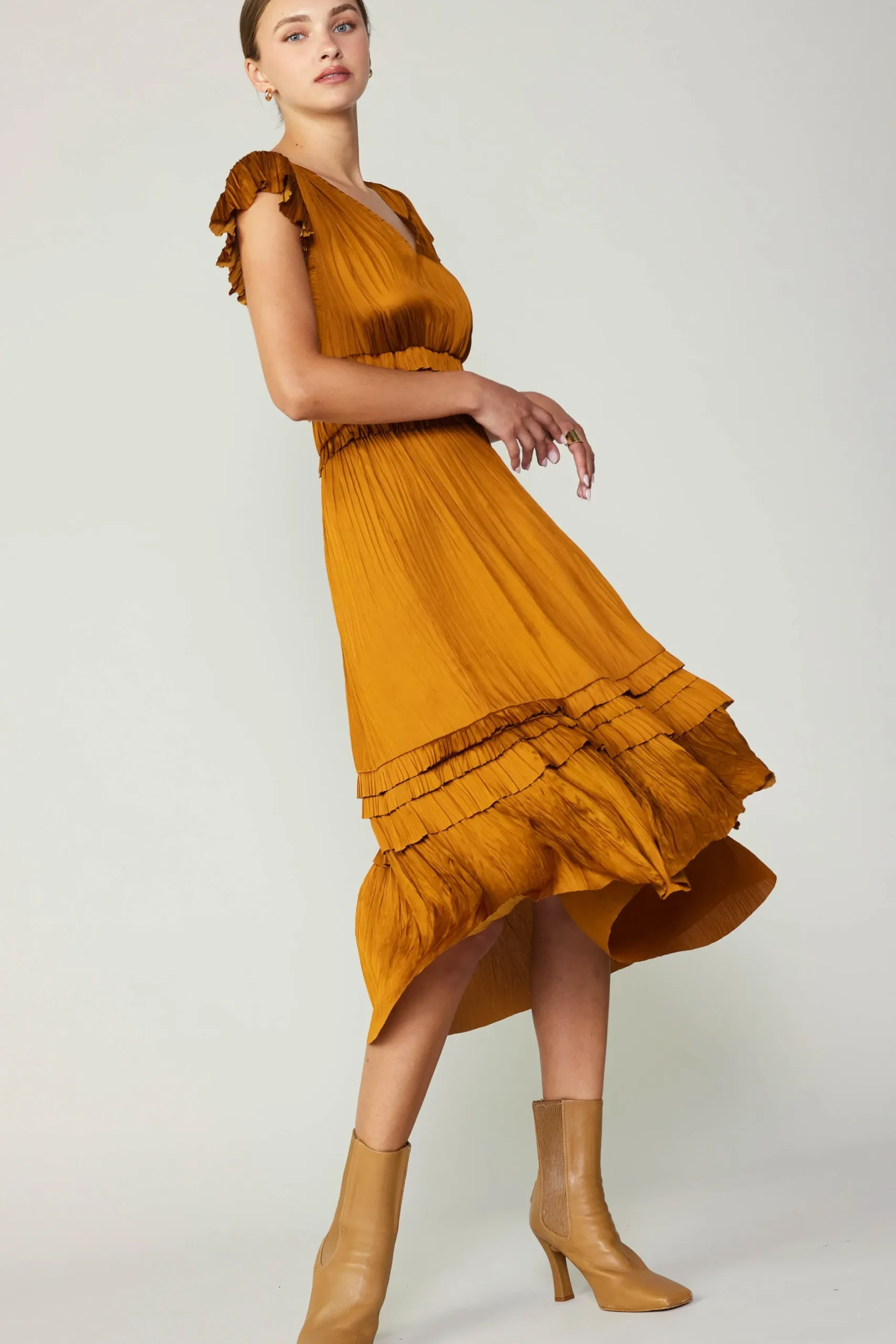 Midi Dresses-Current Air Sereia Pleated Midi Dress GOLDENROD