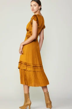 Midi Dresses-Current Air Sereia Pleated Midi Dress GOLDENROD