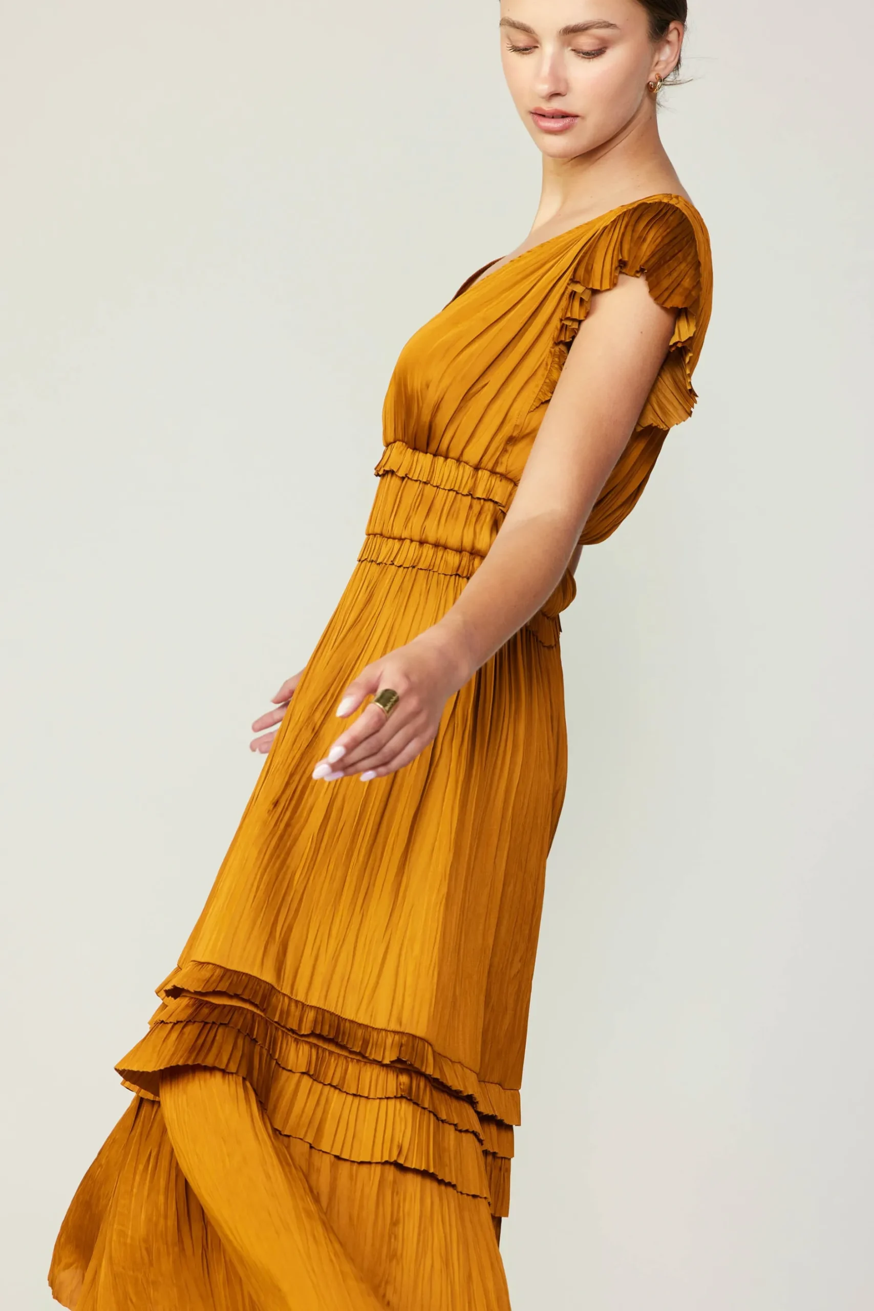 Midi Dresses-Current Air Sereia Pleated Midi Dress GOLDENROD