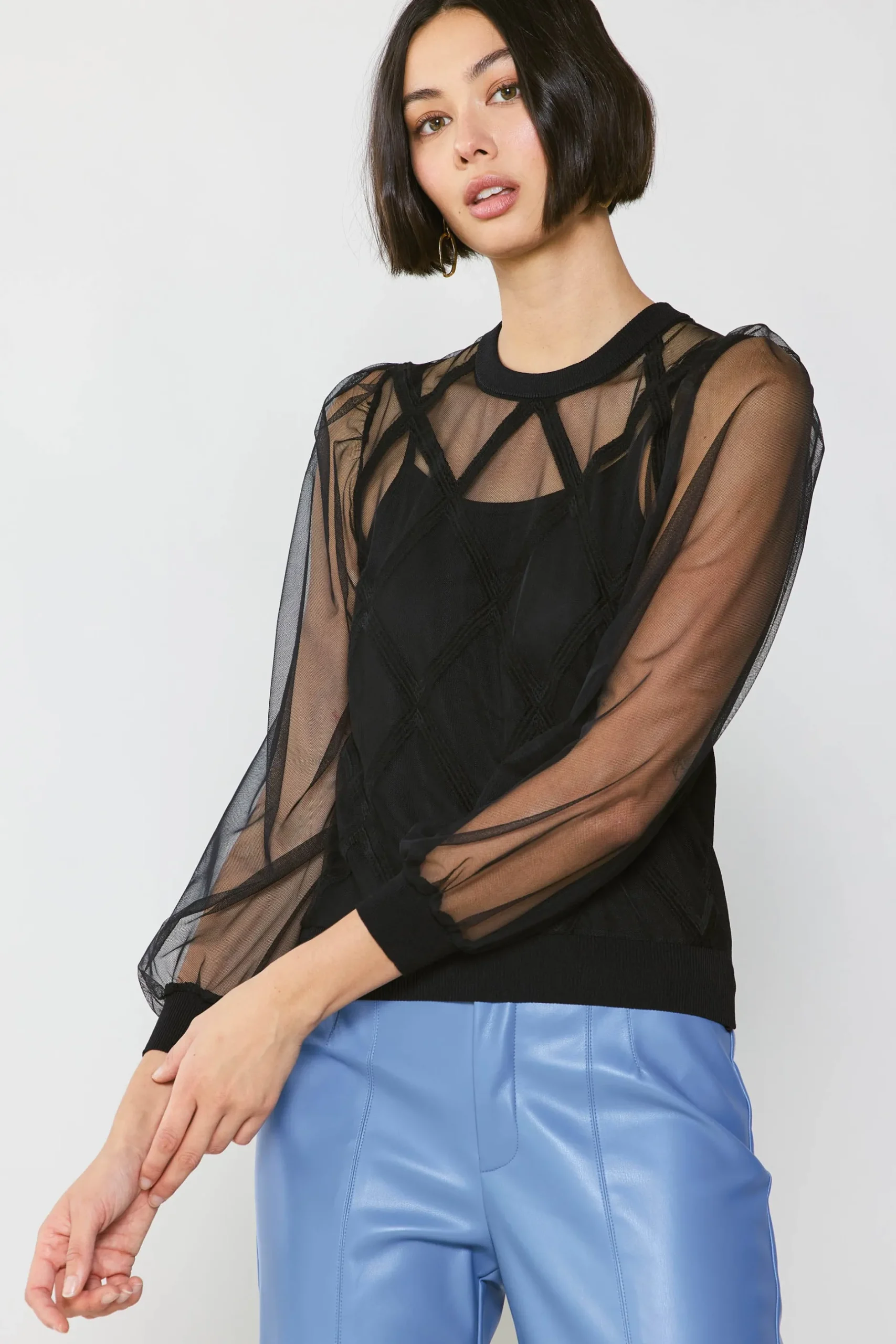 Long Sleeve Tops|Sweaters-Current Air Sheer Crosshatch Cami-lined Top BLACK