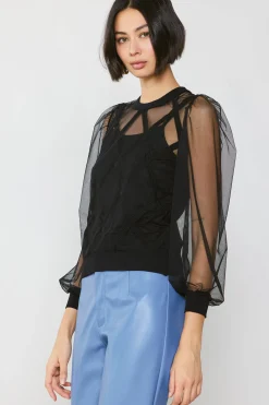 Long Sleeve Tops|Sweaters-Current Air Sheer Crosshatch Cami-lined Top BLACK