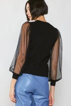 Long Sleeve Tops|Sweaters-Current Air Sheer Crosshatch Cami-lined Top BLACK