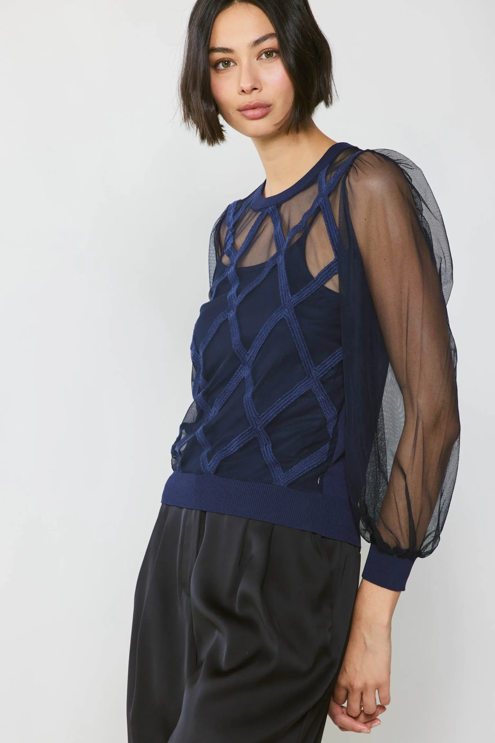 Long Sleeve Tops|Sweaters-Current Air Sheer Crosshatch Cami-lined Top NAVY