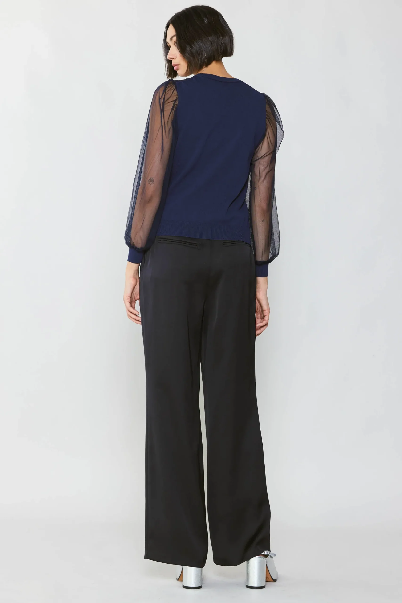 Long Sleeve Tops|Sweaters-Current Air Sheer Crosshatch Cami-lined Top NAVY