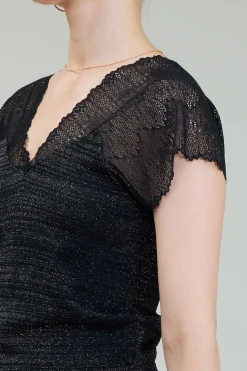 Knitwear|Sweaters-Current Air Shimmer Lace Top BLACKSILVER