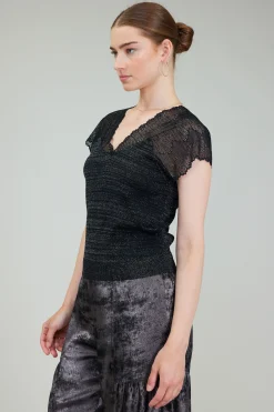 Knitwear|Sweaters-Current Air Shimmer Lace Top BLACKSILVER