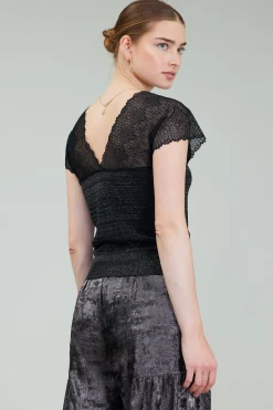 Knitwear|Sweaters-Current Air Shimmer Lace Top BLACKSILVER