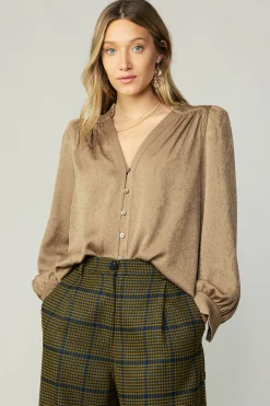 Long Sleeve Tops-Current Air Shirred Jacquard Blouse BRONZE