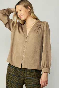 Long Sleeve Tops-Current Air Shirred Jacquard Blouse BRONZE
