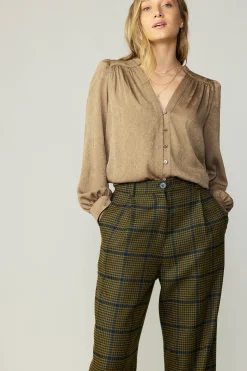 Long Sleeve Tops-Current Air Shirred Jacquard Blouse BRONZE