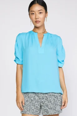 Short Sleeve Tops-Current Air Shirred Sleeve Blouse NEONBLUE