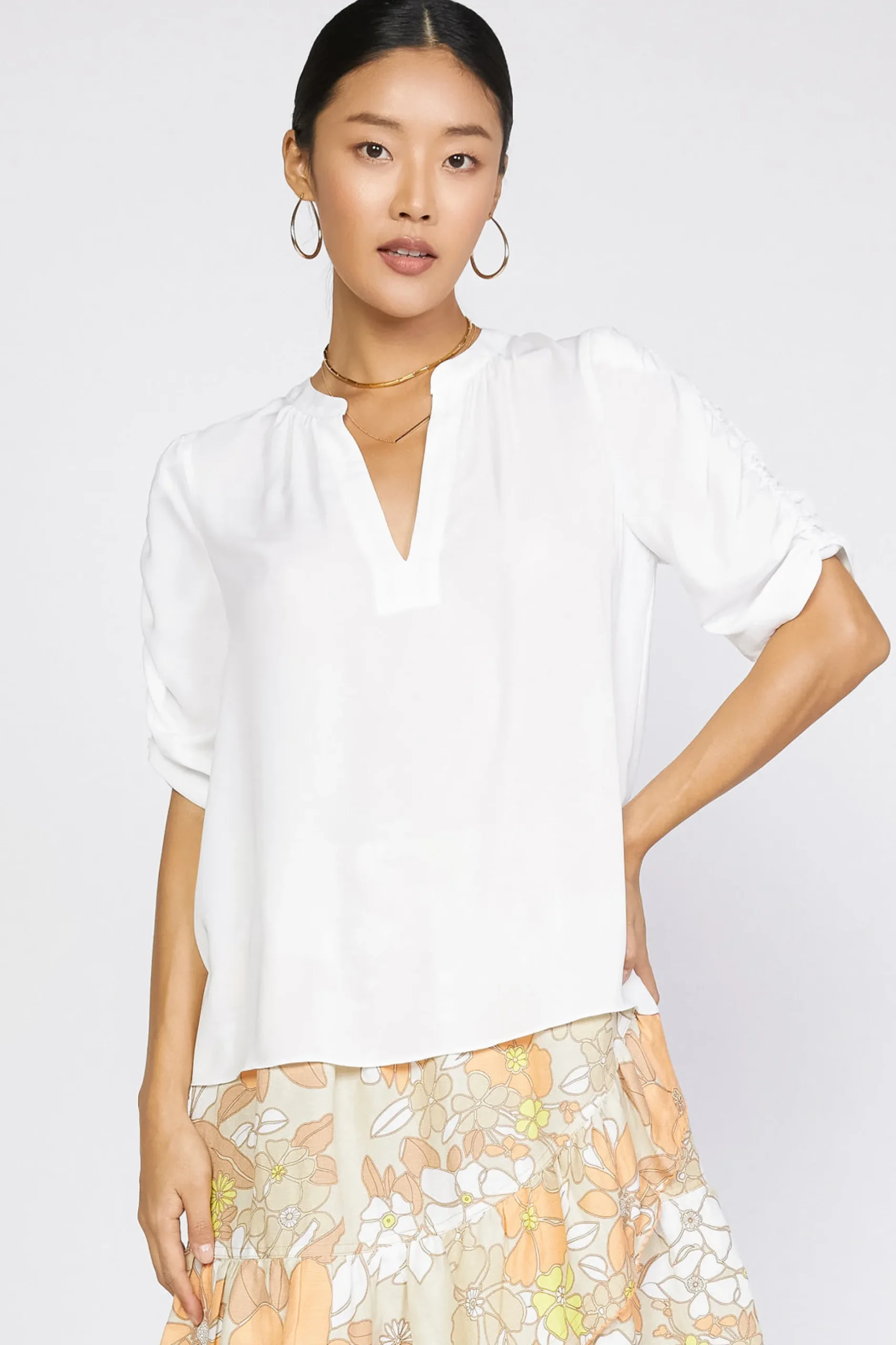 Short Sleeve Tops-Current Air Shirred Sleeve Blouse OFW