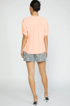 Short Sleeve Tops-Current Air Shirred Sleeve Blouse NEONPEACH