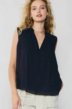 Sleeveless Tops-Current Air Shirred Sleeveless Top BLACK