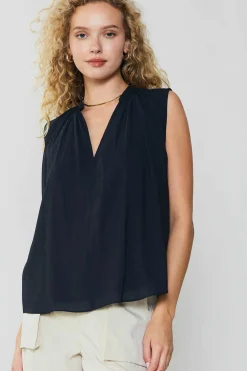 Sleeveless Tops-Current Air Shirred Sleeveless Top BLACK