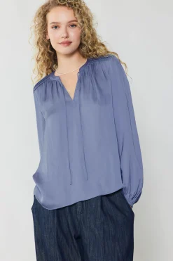Long Sleeve Tops-Current Air Shirred Yoke Blouse FLORENTINEBLUE