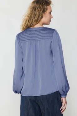 Long Sleeve Tops-Current Air Shirred Yoke Blouse FLORENTINEBLUE