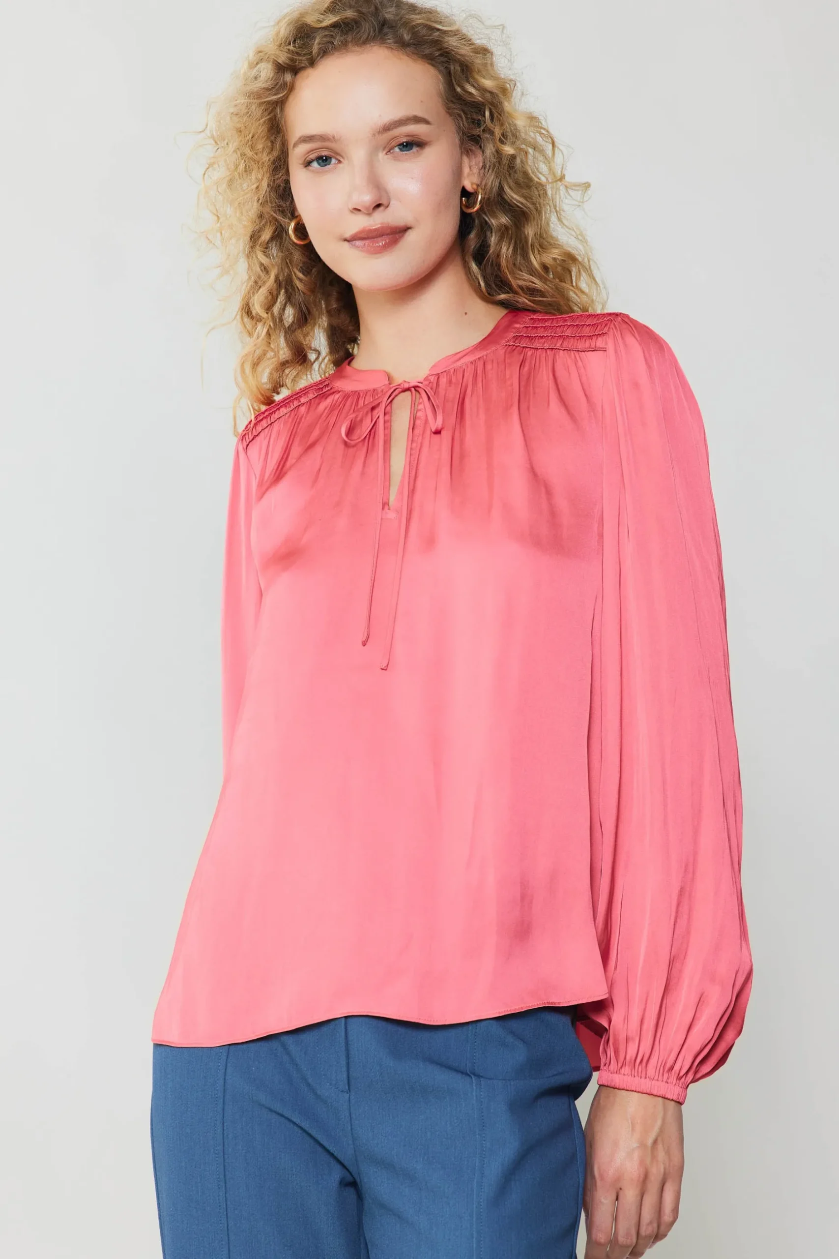 Long Sleeve Tops-Current Air Shirred Yoke Blouse BRINKPINK