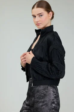 Coats & Jackets-Current Air Shirred Zip Up Jacket BLACK